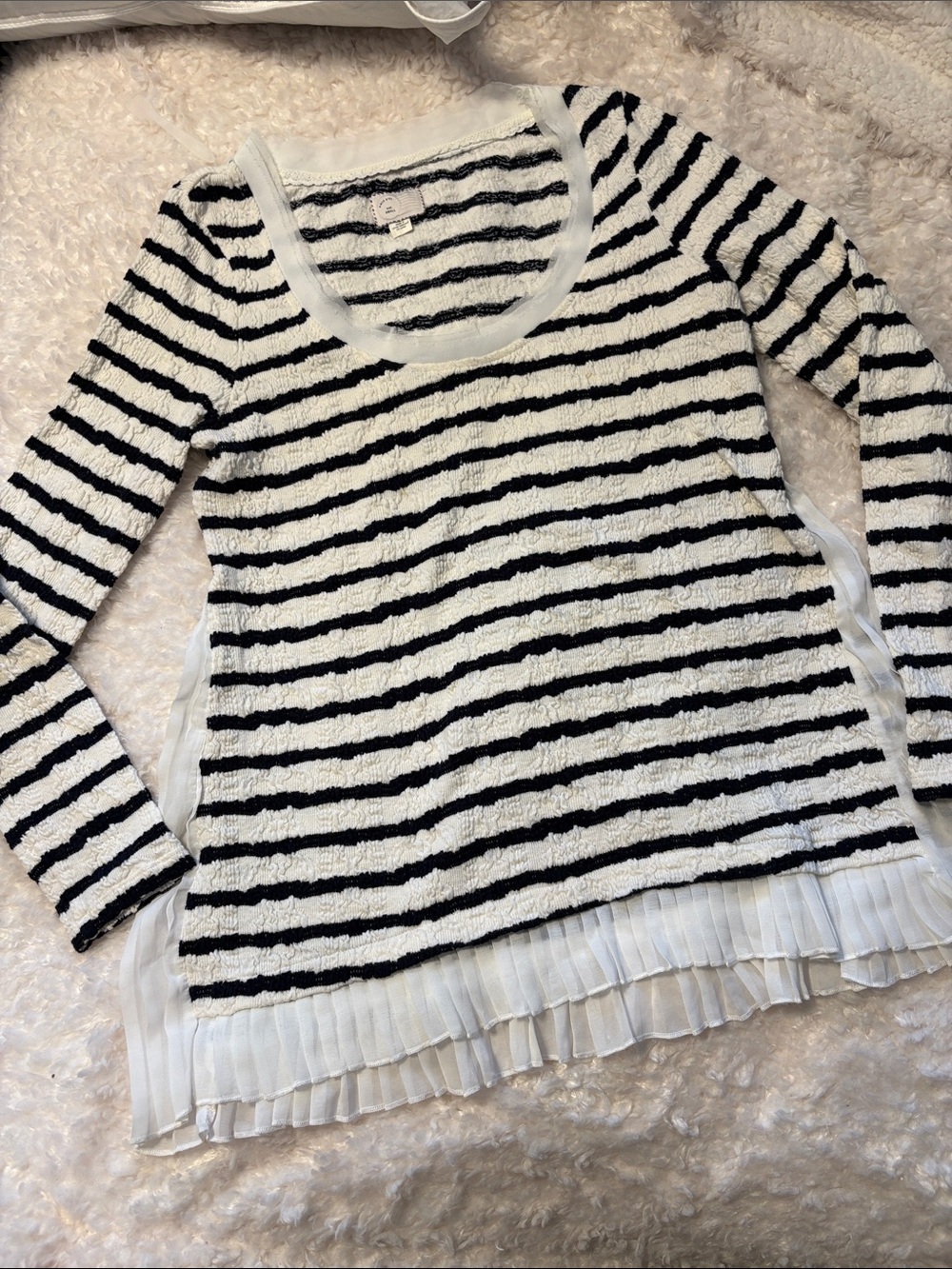 9-H15 STCL Antho Striped Navy & White Knit Top Pleated Ruffle Hem & Sides Small